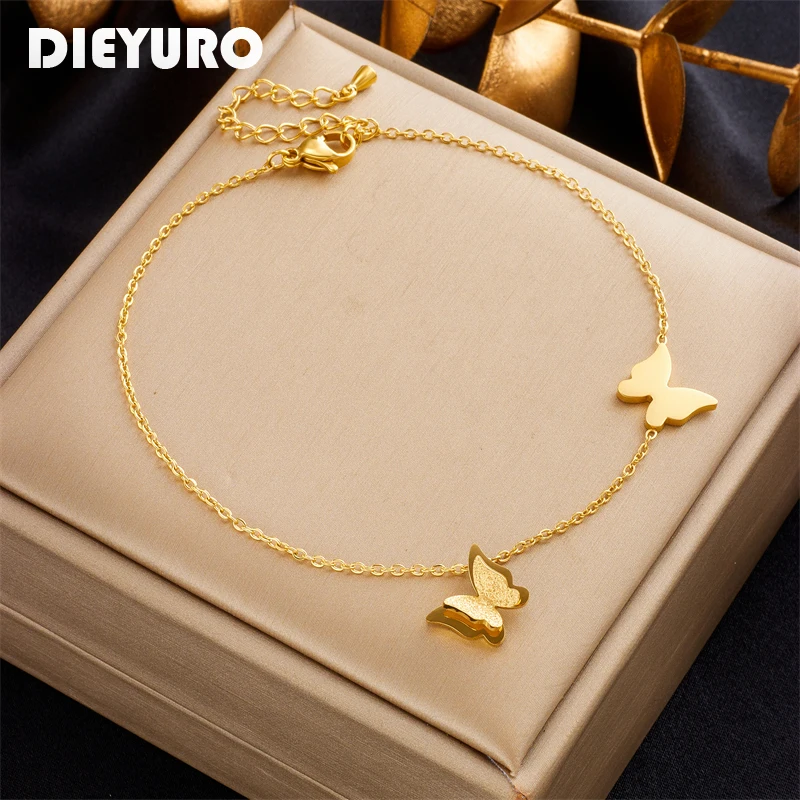 

DIEYURO 316L Stainless Steel Gold Color Butterfly Charm Anklets For Women Girl New Trend Leg Chain Waterproof Jewelry Gift Party