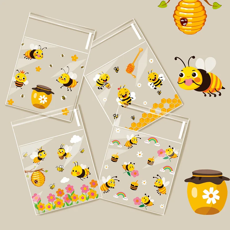 

100PCS OPP Self-adhesive Bags Flower Bee Print Packaging Bags Cookies Candy Chocolate Gift Bag Baked Snack Plastic Boxes Party