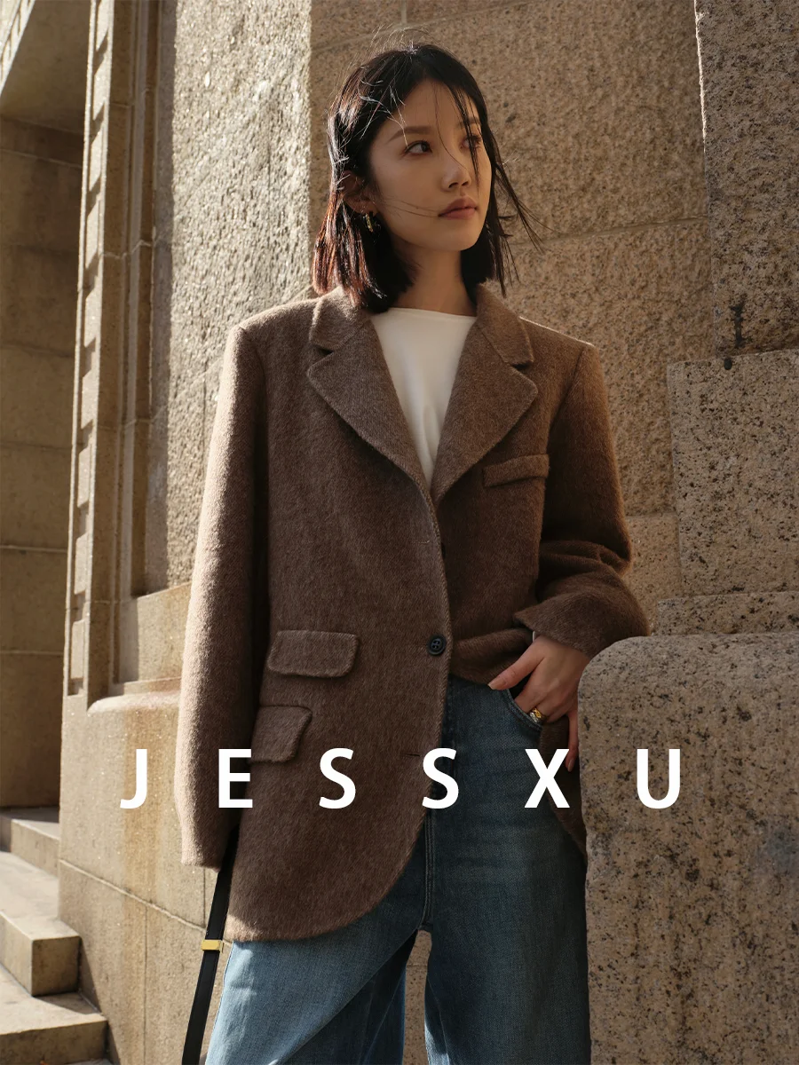 

Современный двусторонний свободный пиджак средней длины из шерсти, шелка и кроличьего меха, коричневый, для женщин, на зиму, для повседневной носки
