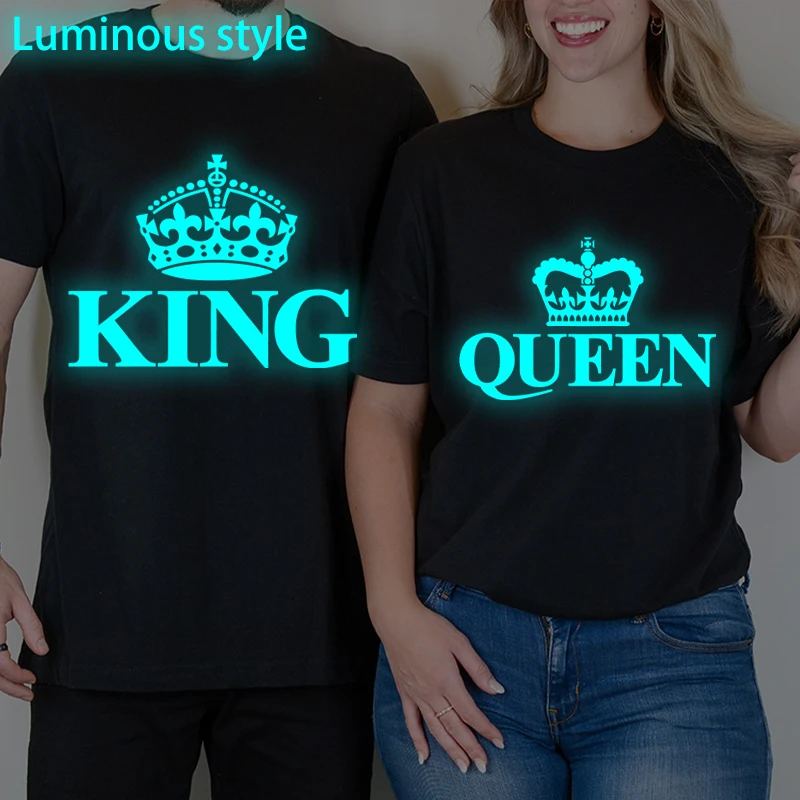 

King and Queen New Couple Matching T-shirts Fashion Women Men Crewneck Luminous Style Streetwear Honeymoon Lovers Tshirts Gifts