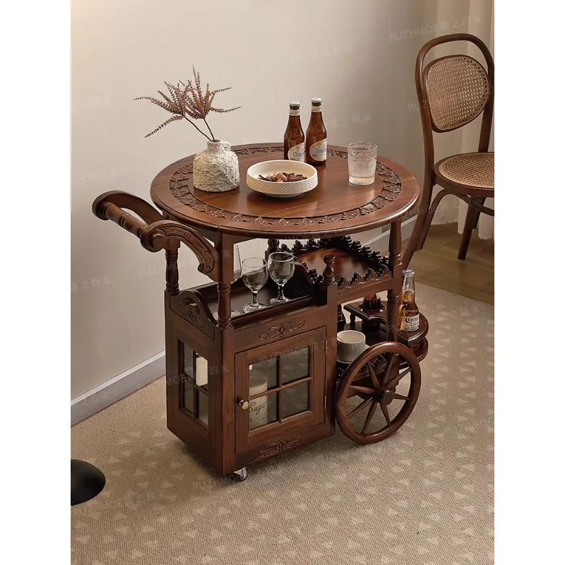 Dining car hand push all solid wood household double storage cart cabinet mobile American living room coffee table