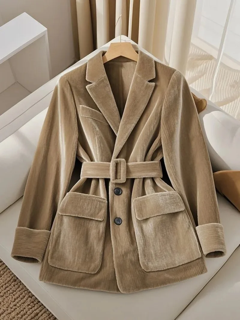 카키 트렌디 벨벳 블레이저 여성용 겨울 두꺼운 긴 소매 라펠 재킷 스타일리시 다용도 아우터웨어 벨트 포함 2025