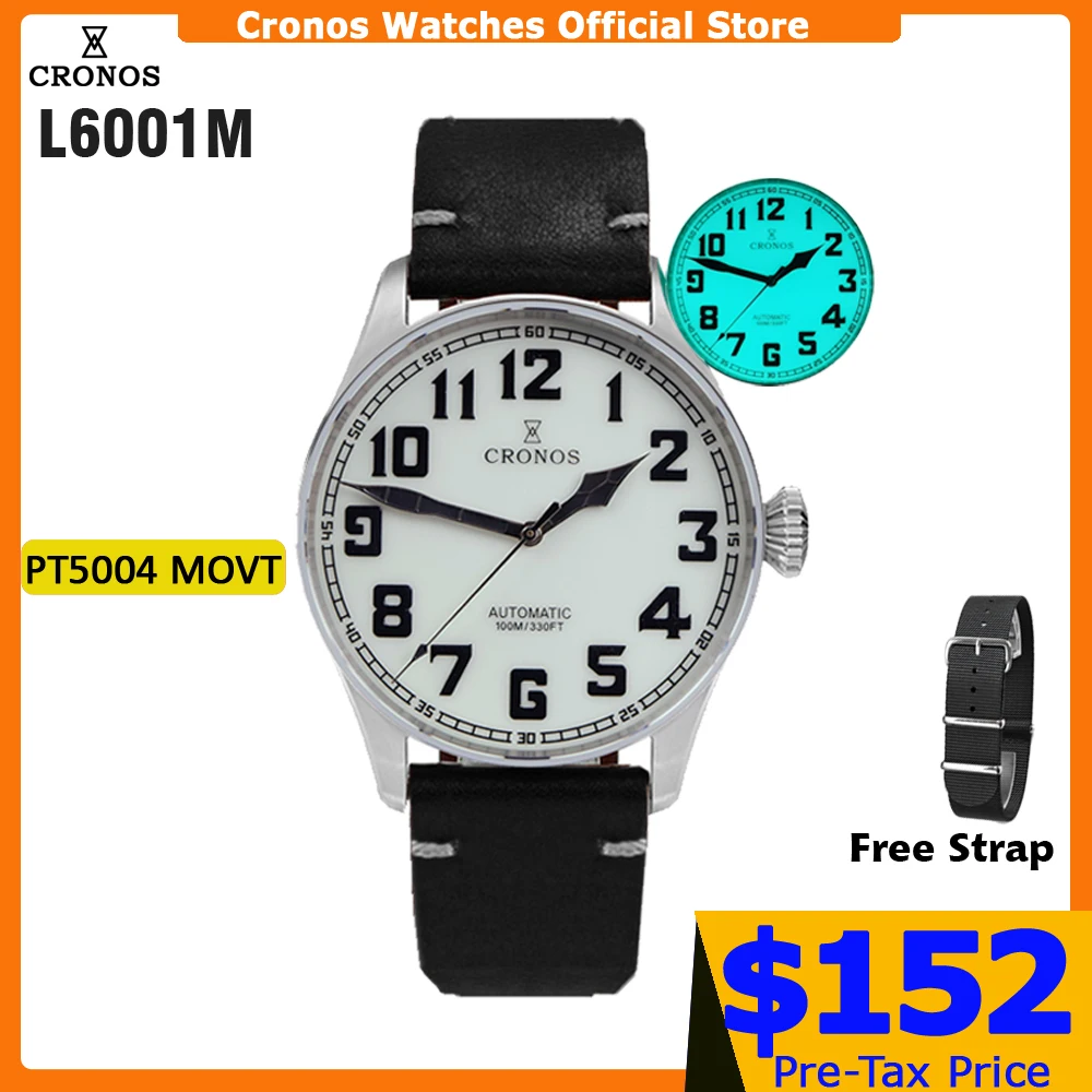 Cronos Pilot Flieger Mechanical Men Watch Stainless Steel Super Luminous Sapphire Crystal Skeleton Back Leather Strap