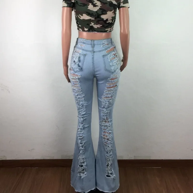 Fashion Indie Style Oversize Sexy Tassels Denim Flared Pants Night Club Women Ripped Jeans Blue Black Hollow Out Trousers 3XL