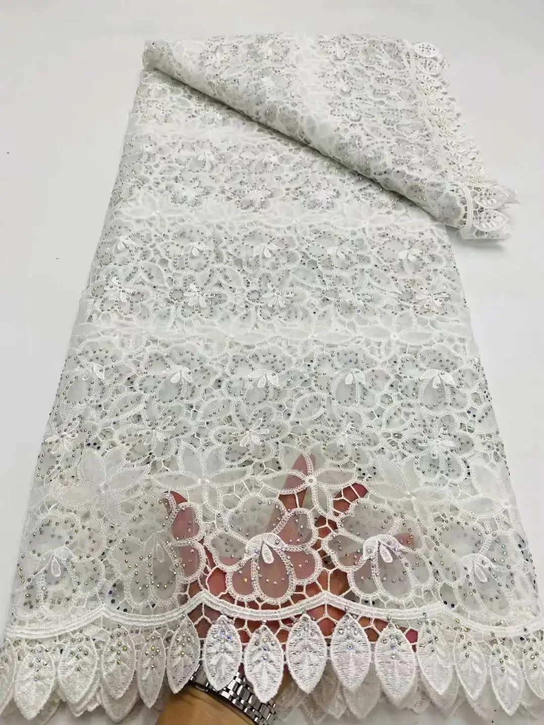 

2025 African Fabric for Evening Dress Fabric High Quality Luxury Nigerian White Chiffon Guipure Lace with Stone and Beads AH2159