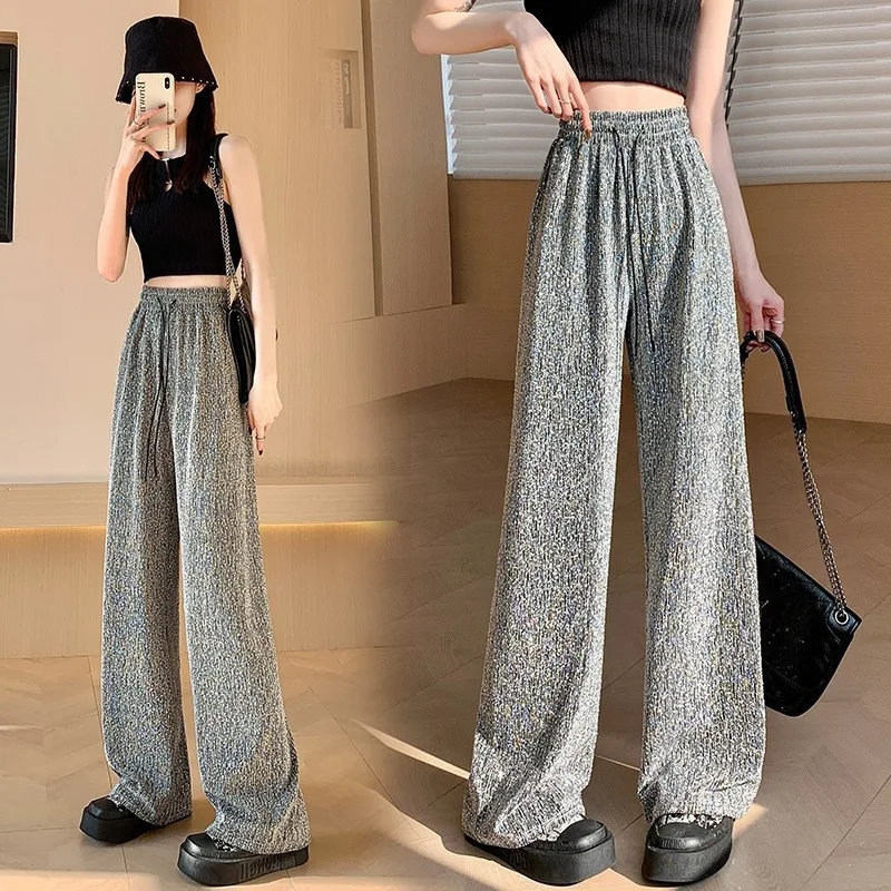 2026 New Summer Wide-leg Pants, Fashionable Slimming Women's Thin Sequined Drape Loose Narrow Version Straight Cool Pants