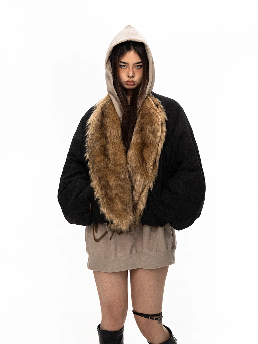 Blackbb Eco-Friendly Fur Collar Wide Shape Flight Jacket Women's Winter Warm Cotton Coat Street Style Long Sleeve Loose Fit