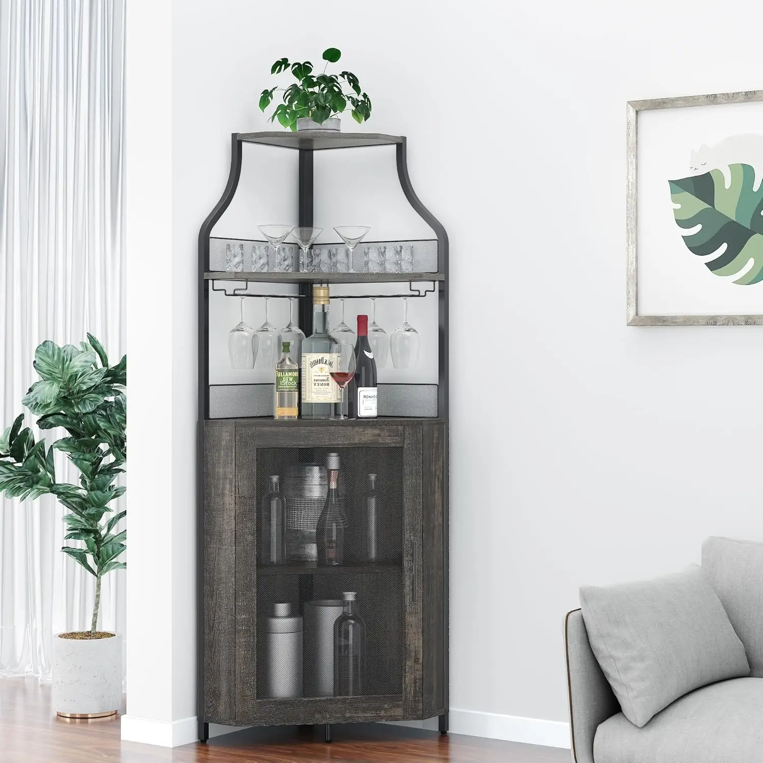 

Corner Bar Cabinet with Glass Holder and Large Storage Space, Dark Wood, Customized