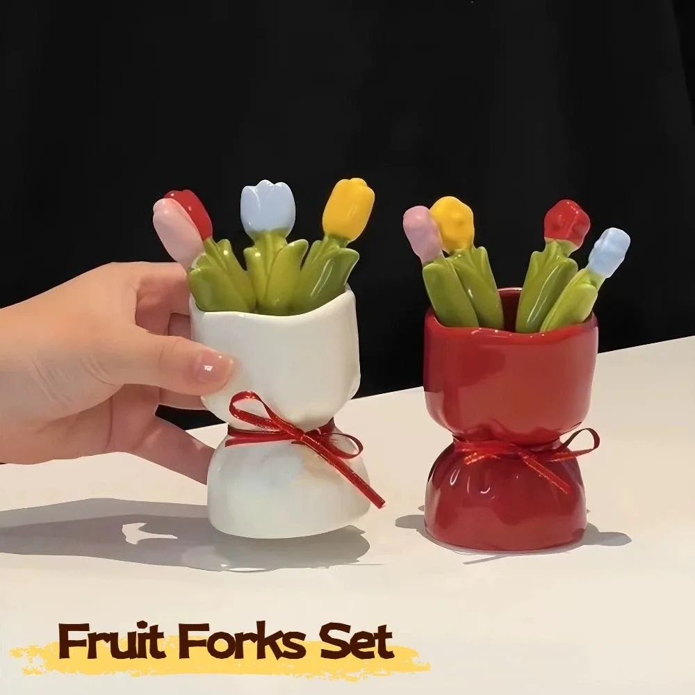 

Tulip Shape Fruit Forks Set Creative Ins Style Dessert Forks with Storage Jar Decorative Comfortable Grip Stainless Steel Fork