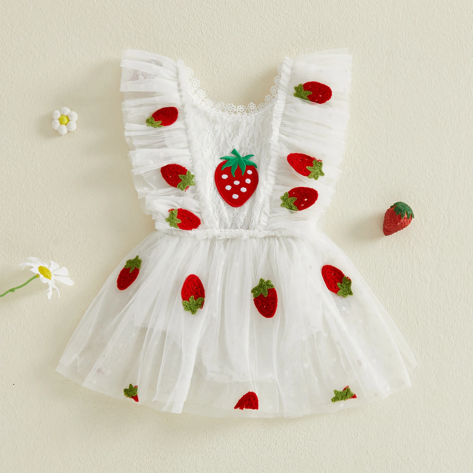 Infant Baby Girl Romper Dress Summer Crew Neck Flying Sleeve Daisy Embroidery Strawberry Decor Jumpsuit 0-18m