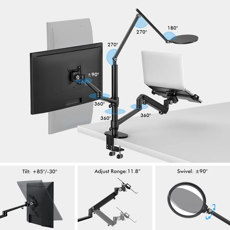 Braço de monitor de mola a gás e suporte de bandeja para laptop Suporte VESA com lâmpada LED para escritório