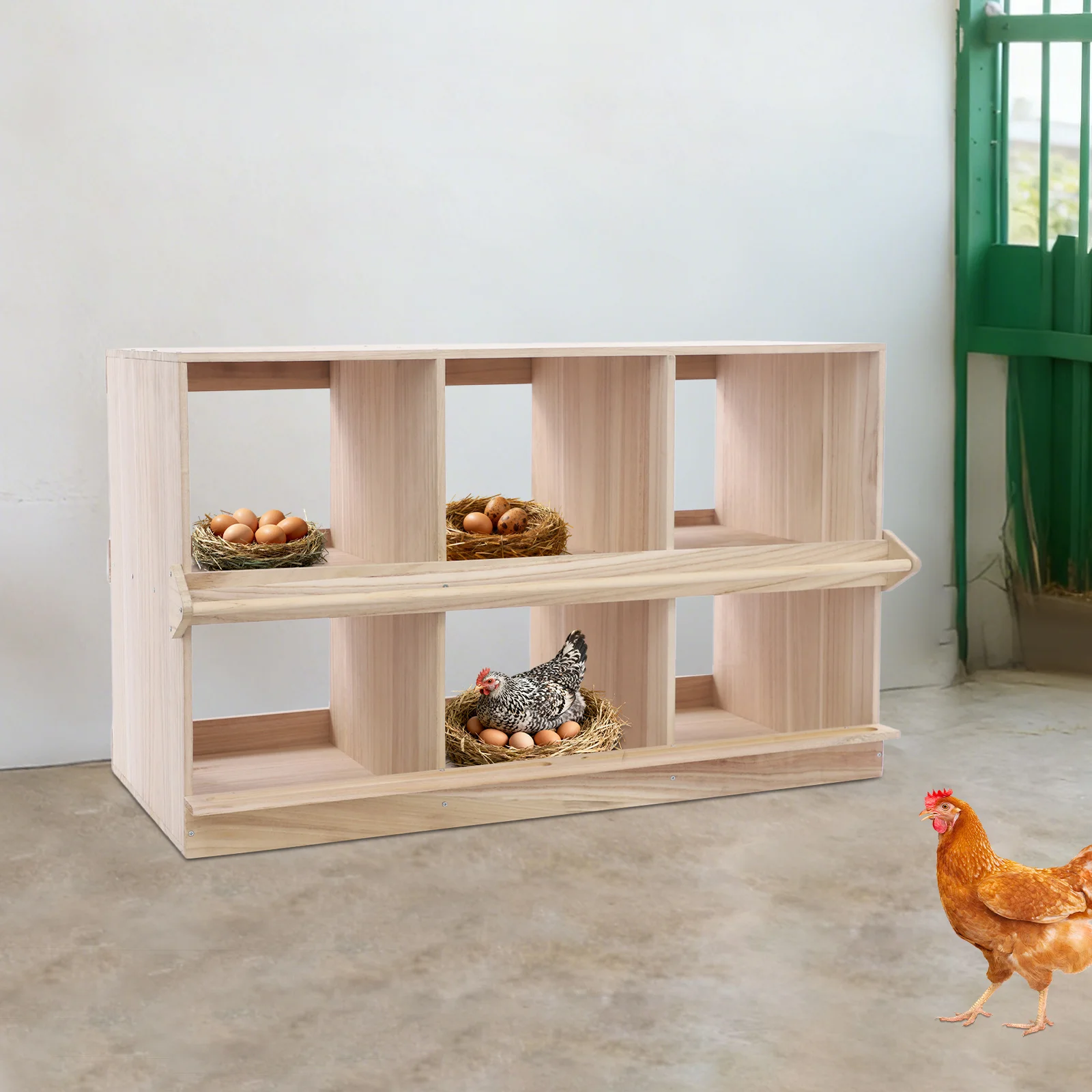 

Durable Stable Poultry Nest Box, Thickened Wood Frame+Raised Enclosures(Egg Protection), Perching Bar+Egg Collection Slot