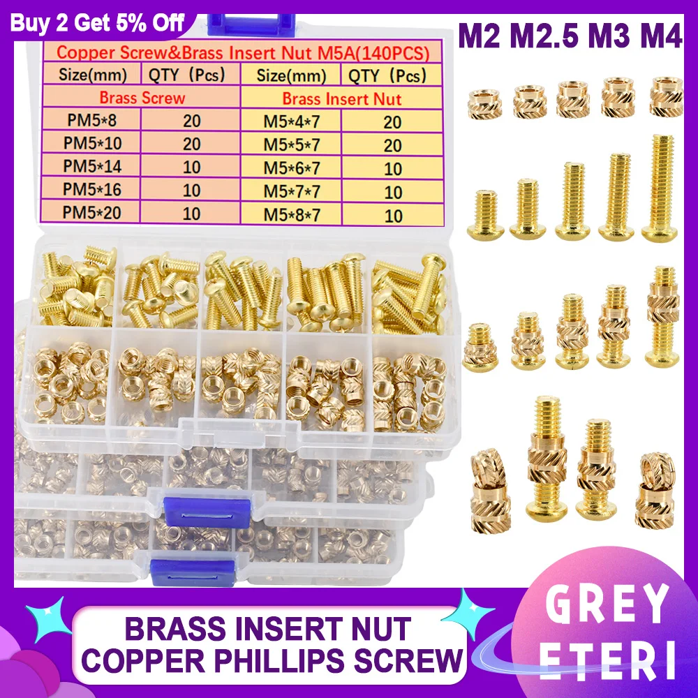 

M2 M2.5 M3 M4 Brass Hot Melt Threaded Insert Nut Copper Phillips Cross Round Head Thread Screw Set Knurled Heat Nuts Bolt Kit