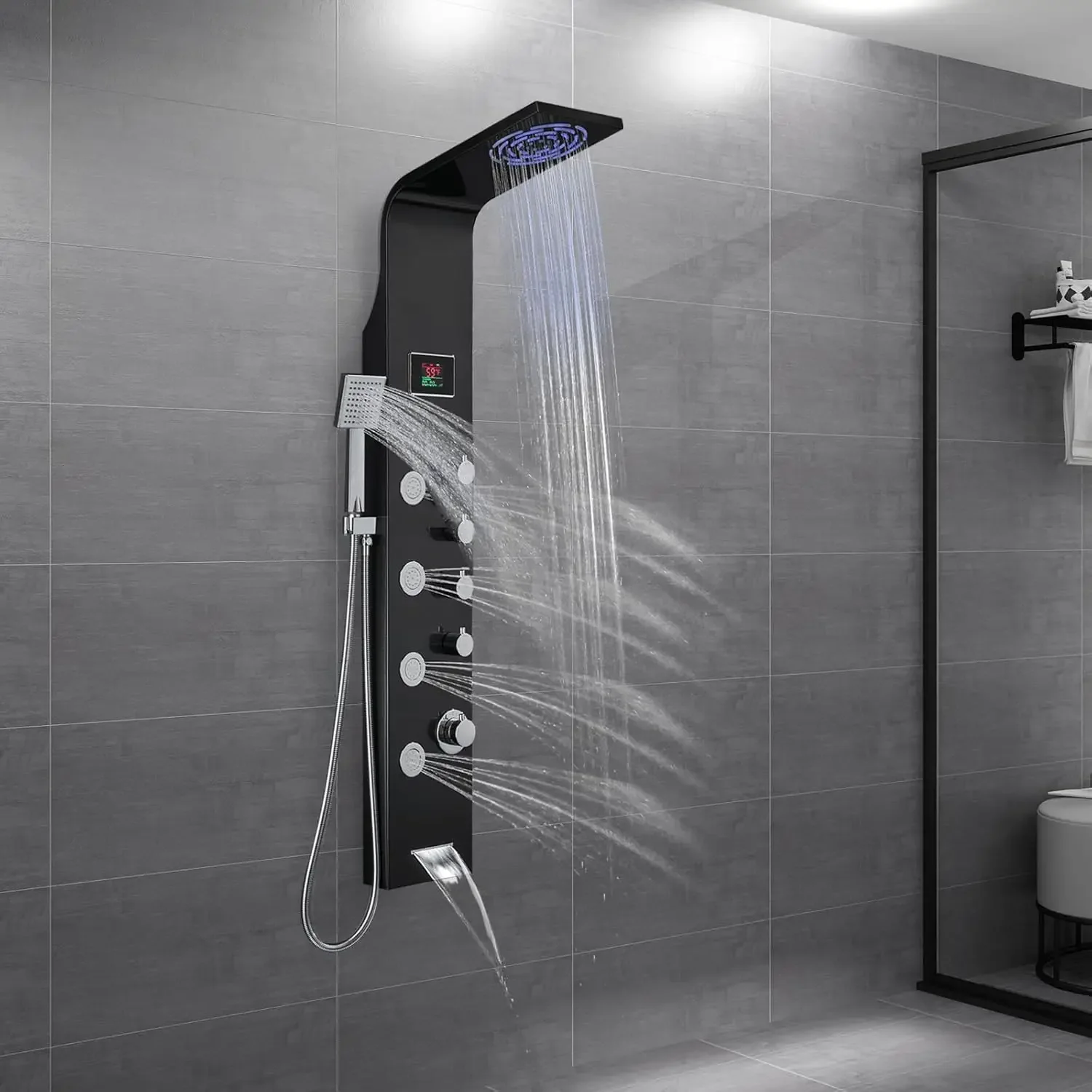 

nibody Shower Panel Tower with 4 Modes Rainfall Shower Body Jets Handheld and Tub Spout 304 Stainless Steel Shower Column Black