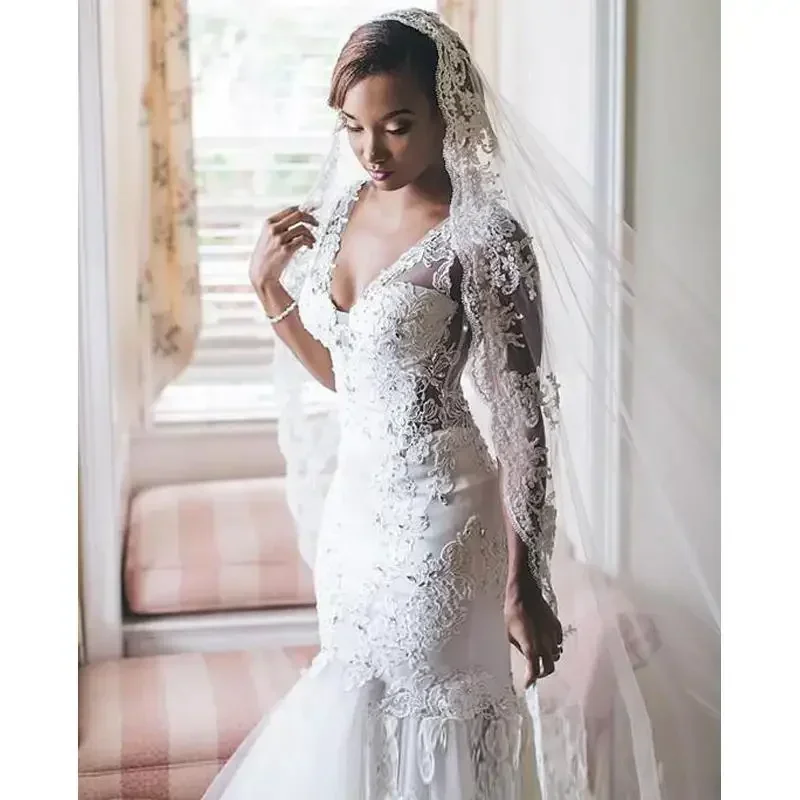 تخصيص حورية البحر الأفريقية العميق الخامس الرقبة الدانتيل زين قطار مصلى مطرز بلورات فستان الزفاف أثواب الزفاف Vestidos