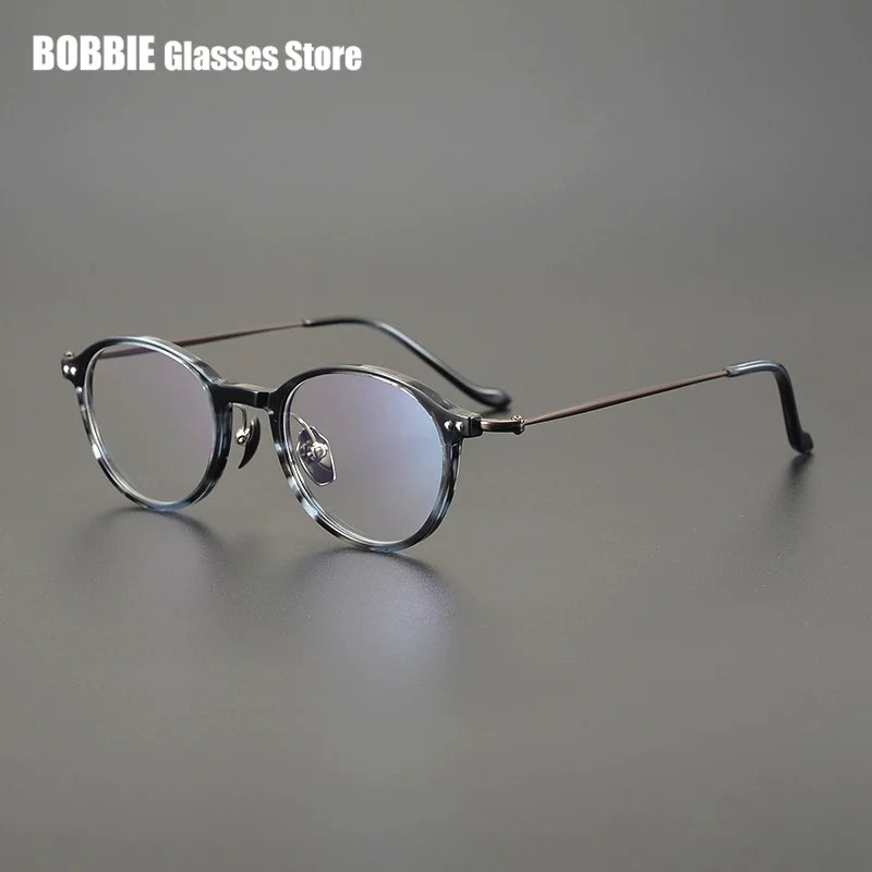 Acetate Glasses Frame Retro Small Round Frames Pure Titanium Spectacle Ultralight Myopia Eyglasses Japanese Handmade Designer