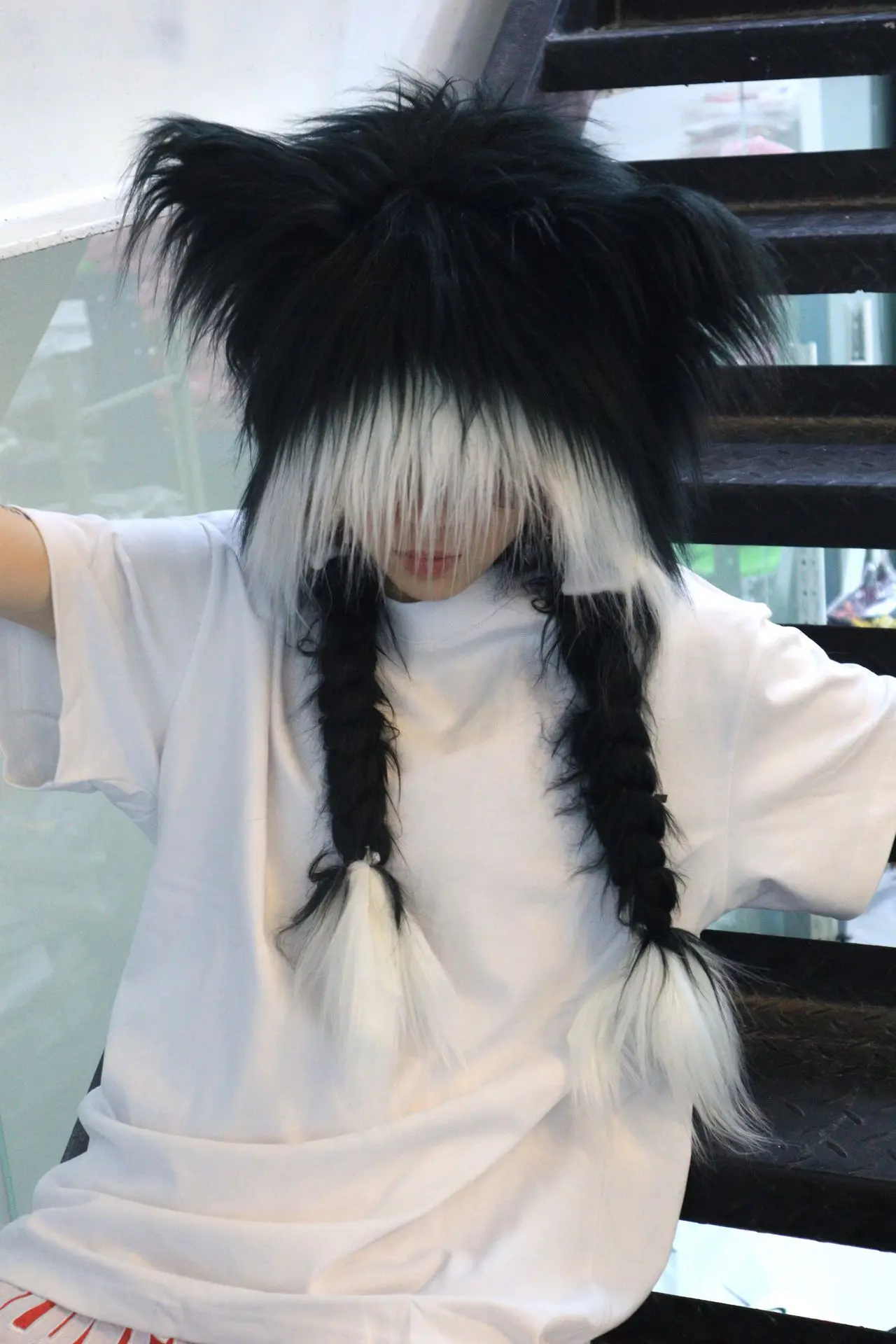 Red Black Cosplay Cat Ear Plush Hat with Braided Warm Fluffy Anime Y2K Subculture Earmuffs Headwear Anime Accessory Hat