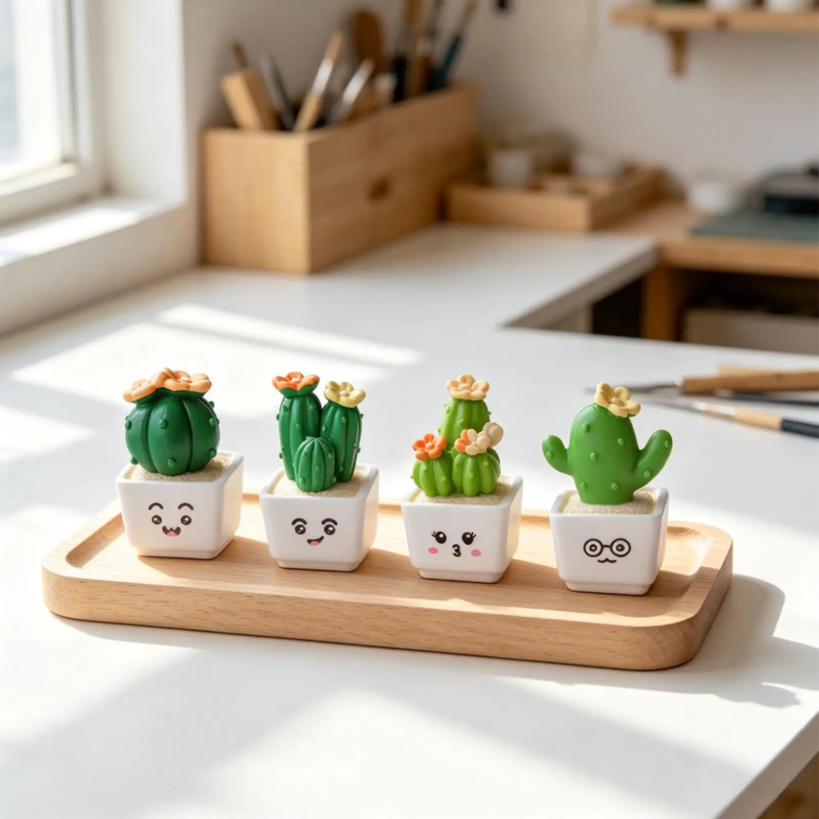 4pc Mini Plant Figurines Cute Fake Cactus Bonsai Decoration Tiny Resin Plant Figures for Home Apartment Living Room Study