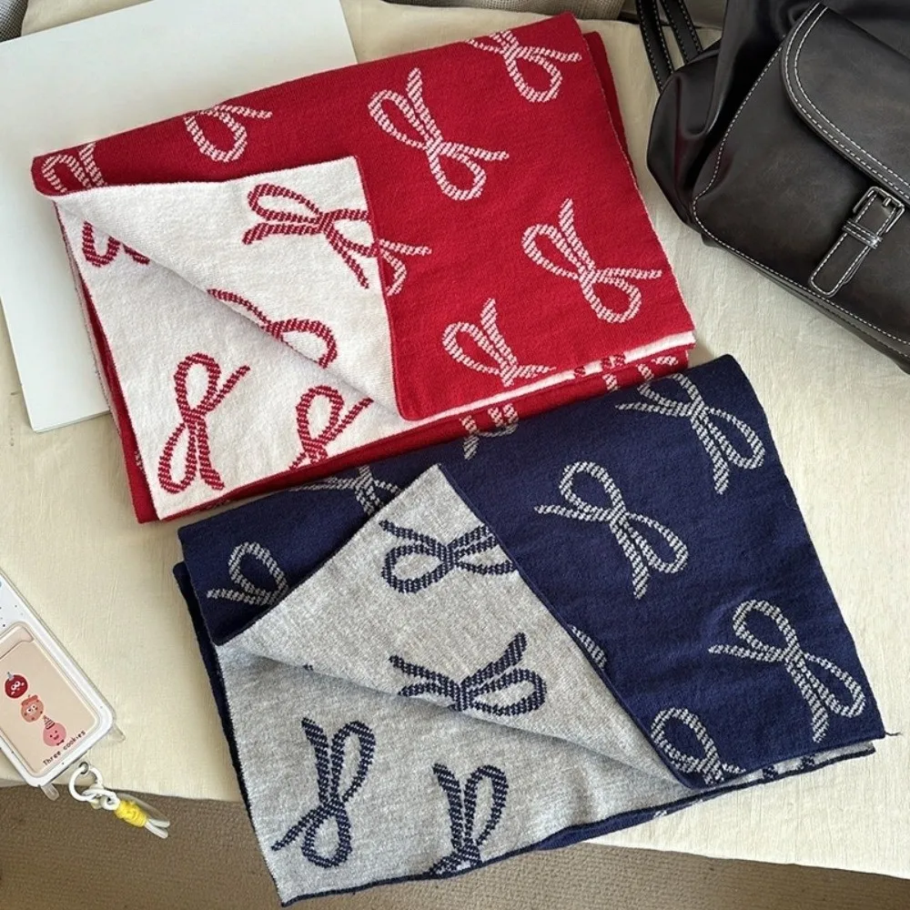 

Fashion Lightweight Bow Scarf Two-sided Korean Style Imitation Wool Scarf Windproof Warm Winter Shawl Gift