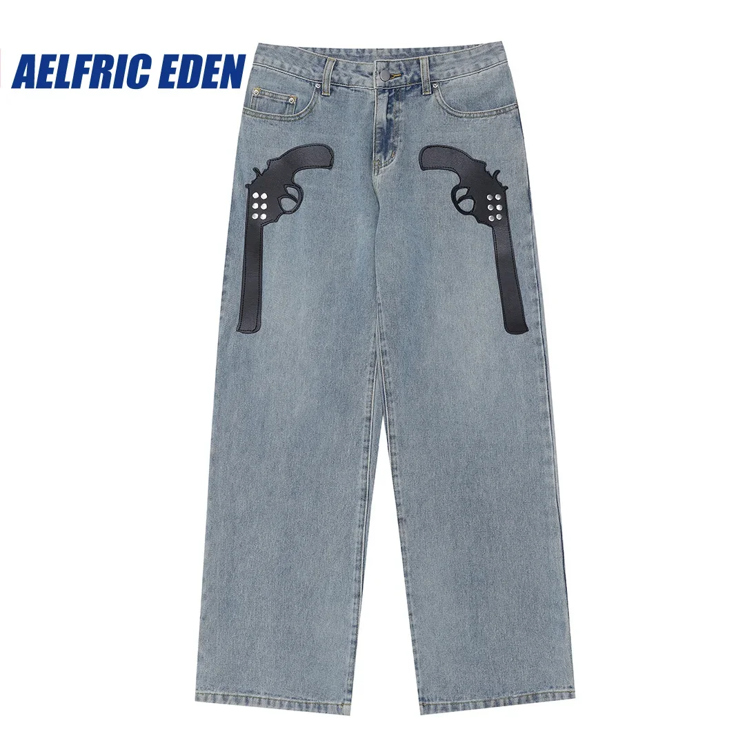 

Mens Vintage Punk Hip Hop Pistol Rivet Denim Pants Streetwear Hip Hop Rock Jeans 2023 Harajuku Casual Loose Jean Trousers Blue