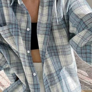 MUMAROHO 2024 Women's Fall Winter Long Sleeve Blue Checker Vintage Shirt Oversized Loose Adjustment Blouse for Woman 8 Main Sales Blue Shirt - №6