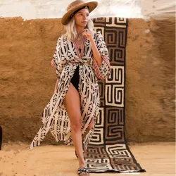 Women Bohemian Kimono Cloak Cardigan Swimsuit Woman Dress Beach Cover Up 2024 Summer Beachwear Swimwear Smock Bikini Cover Ups