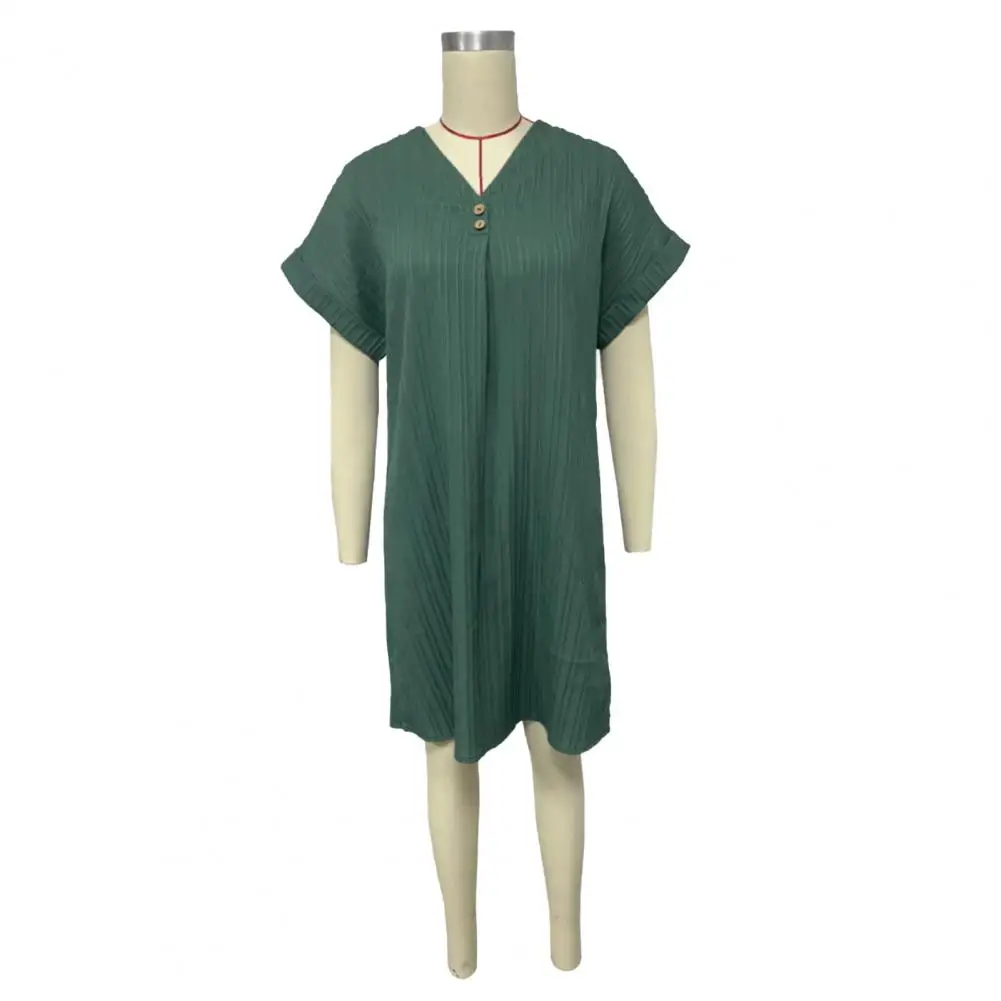 Moda camisa vestido para mulheres solto manga curta com decote em v botão design vestidos casuais cor sólida pulôver casual mini vestido