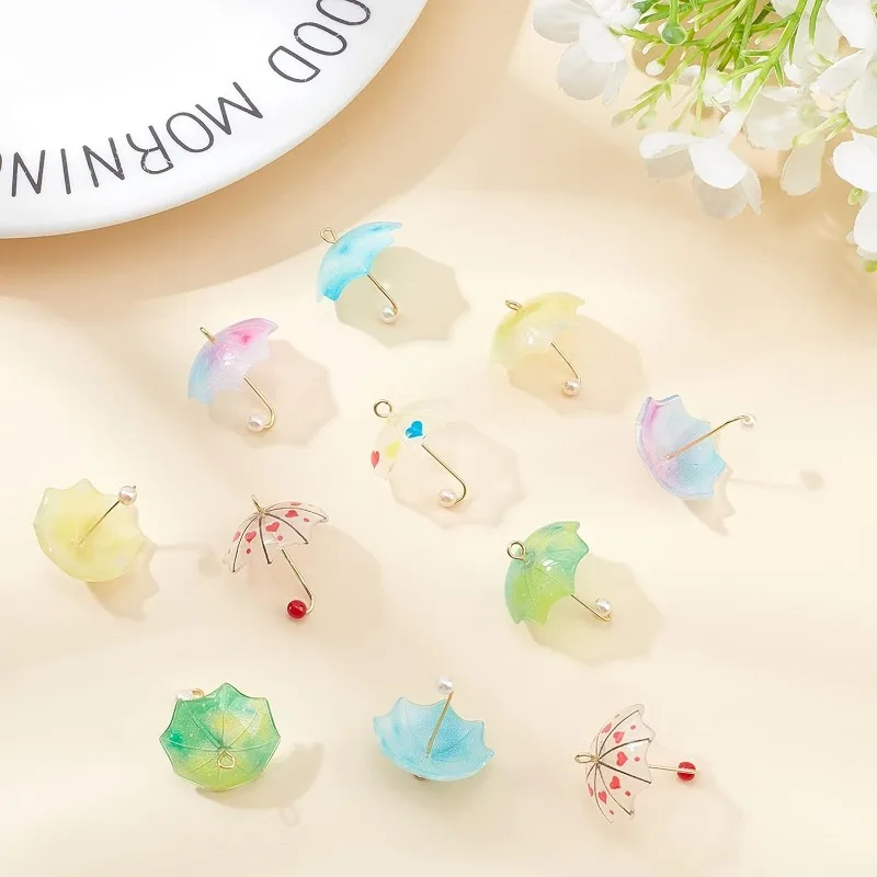 24pcs 6 Colors Acrylic Umbrella Charms Umbrellas Charm with Golden Plated Brass Loops & Plastic Imitation Pearl for DIY Earring