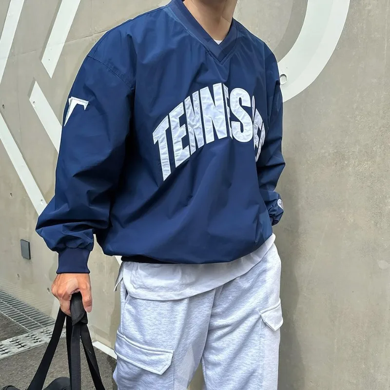 

American Style High Street Loose V-neck Long Sleeved T-shirt Men's Spring Autumn Niche Retro Pullover Sweatshirt Casual Sports