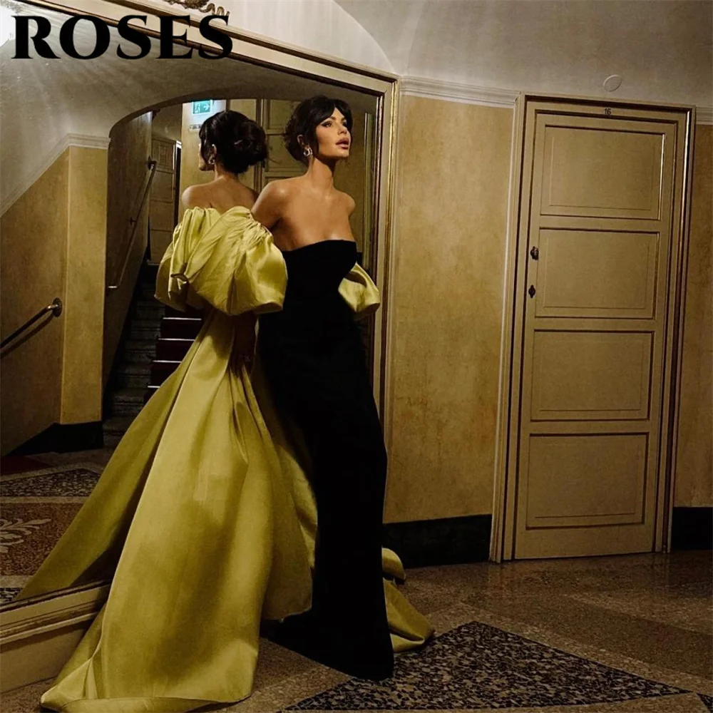 Vestido de fiesta con hombros descubiertos de rosas, vestido de noche de sirena, mangas abullonadas negras, vestidos de fiesta de noche de celebridades para mujer personalizados