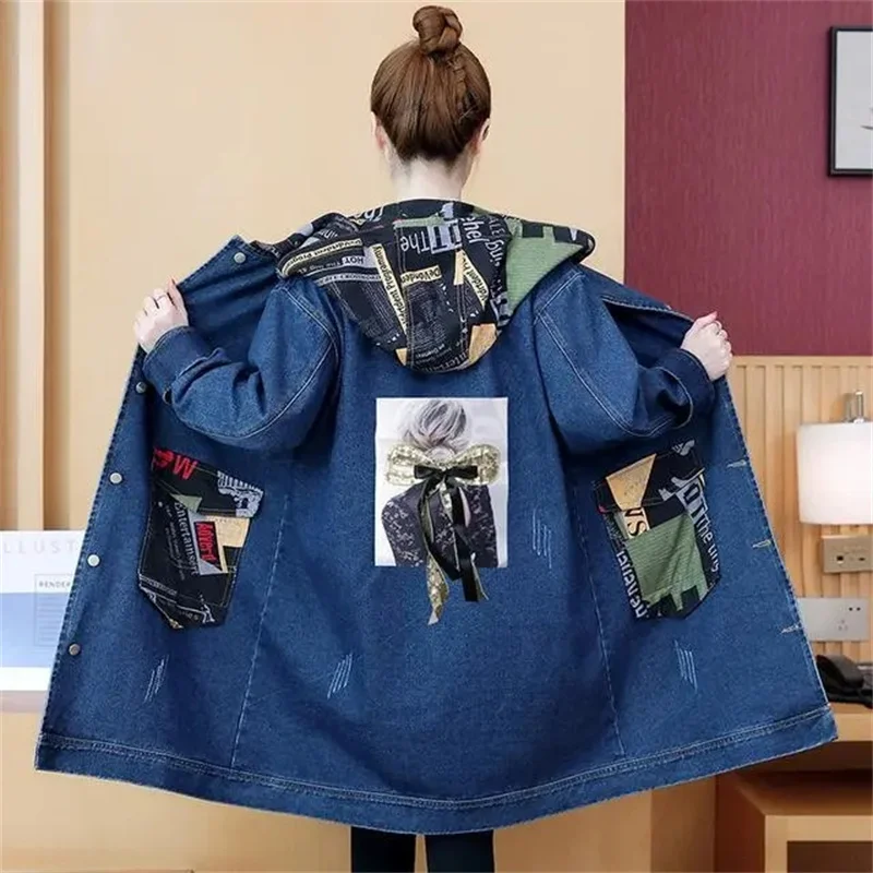 Lady Medium Long Styles Jeans Jacket Korean Female Work Clothes Cowboy Windbreaker Spring Autumn Women Large Size 5XL Denim Coat