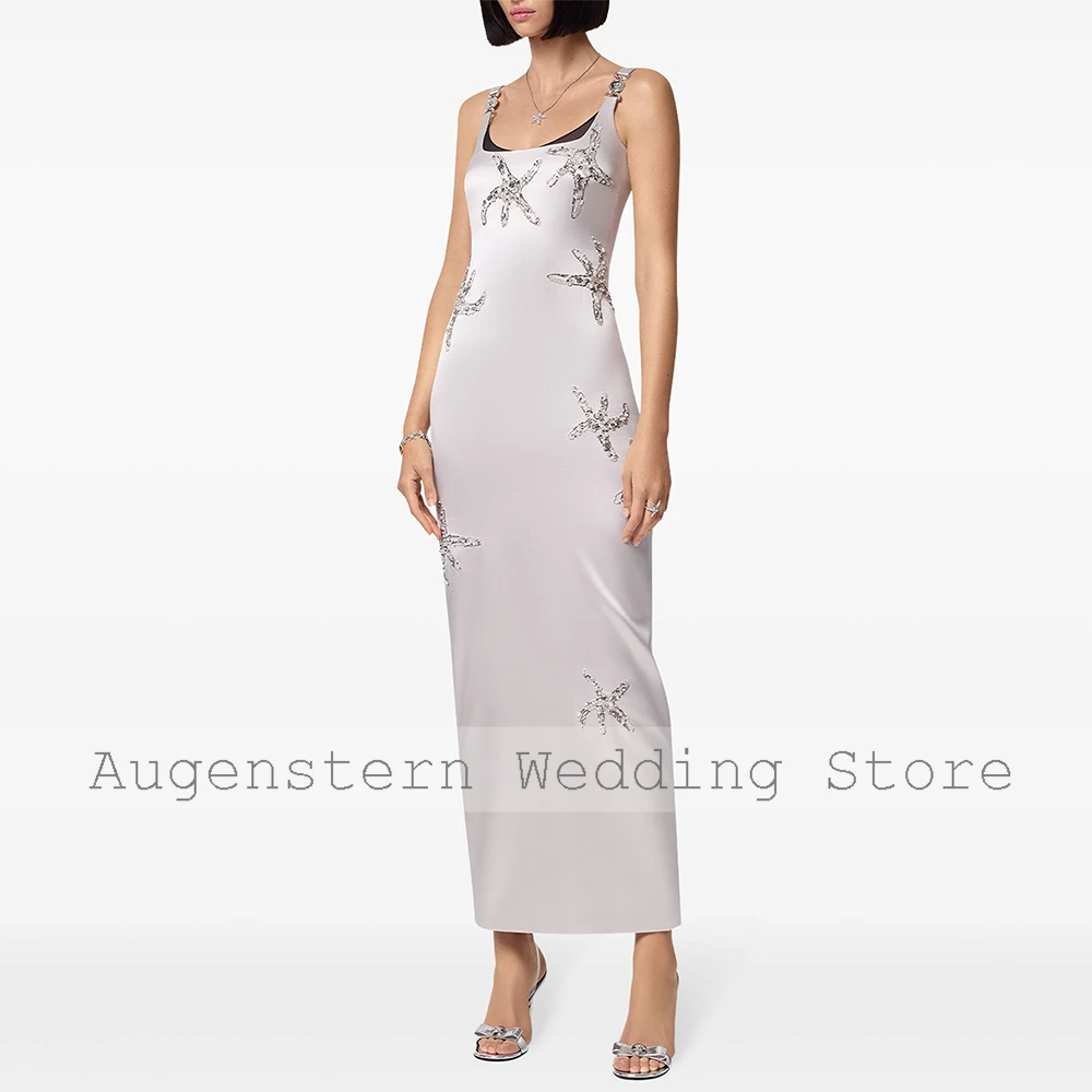 Exquisite Heavy Industry Cocktail Dresses Satin Sheath Party Dress Silvery Square Neck Pearl Pattern Beading Beach Gown 2024