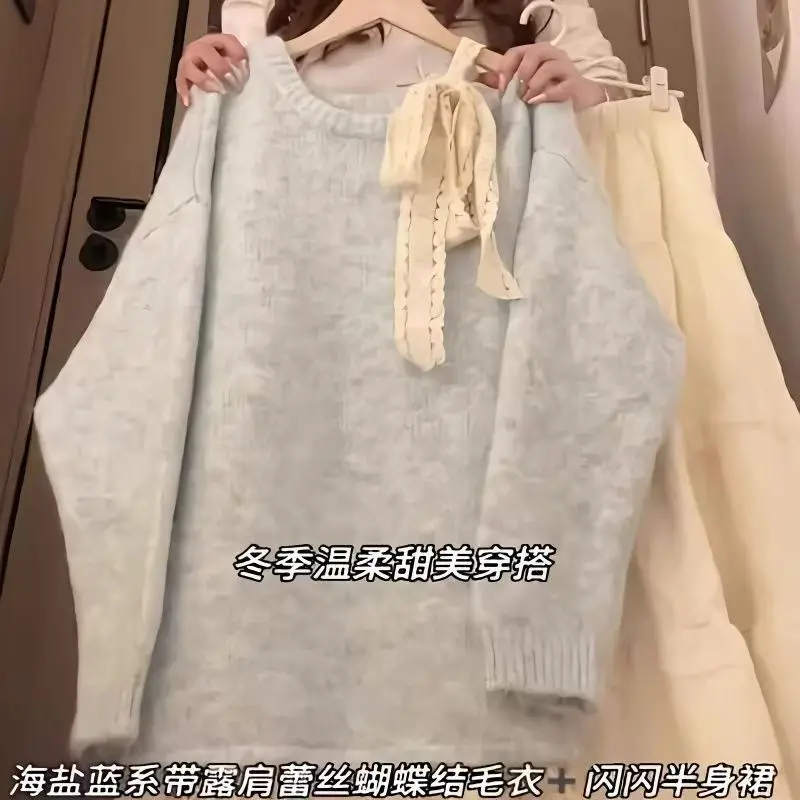 

New Year Sweater Bow Lace Red Sweater Loose Autumn and Winter New Knitted Top