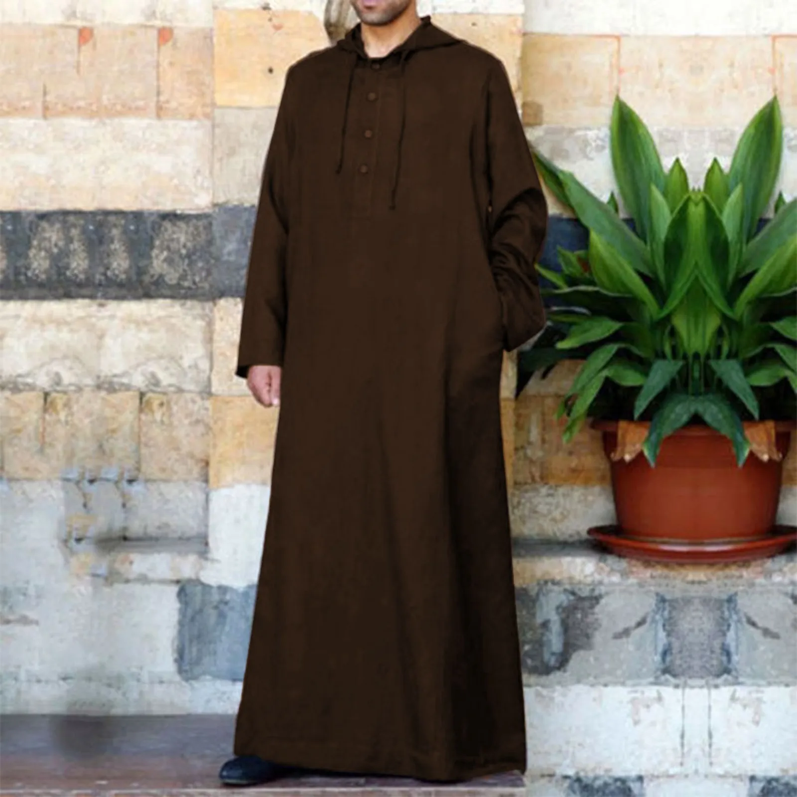 Baju jubah Muslim pria, Arab kasual lengan panjang saku longgar jubah Muslim Plus lembut Solid mode Muslim santai Abaya