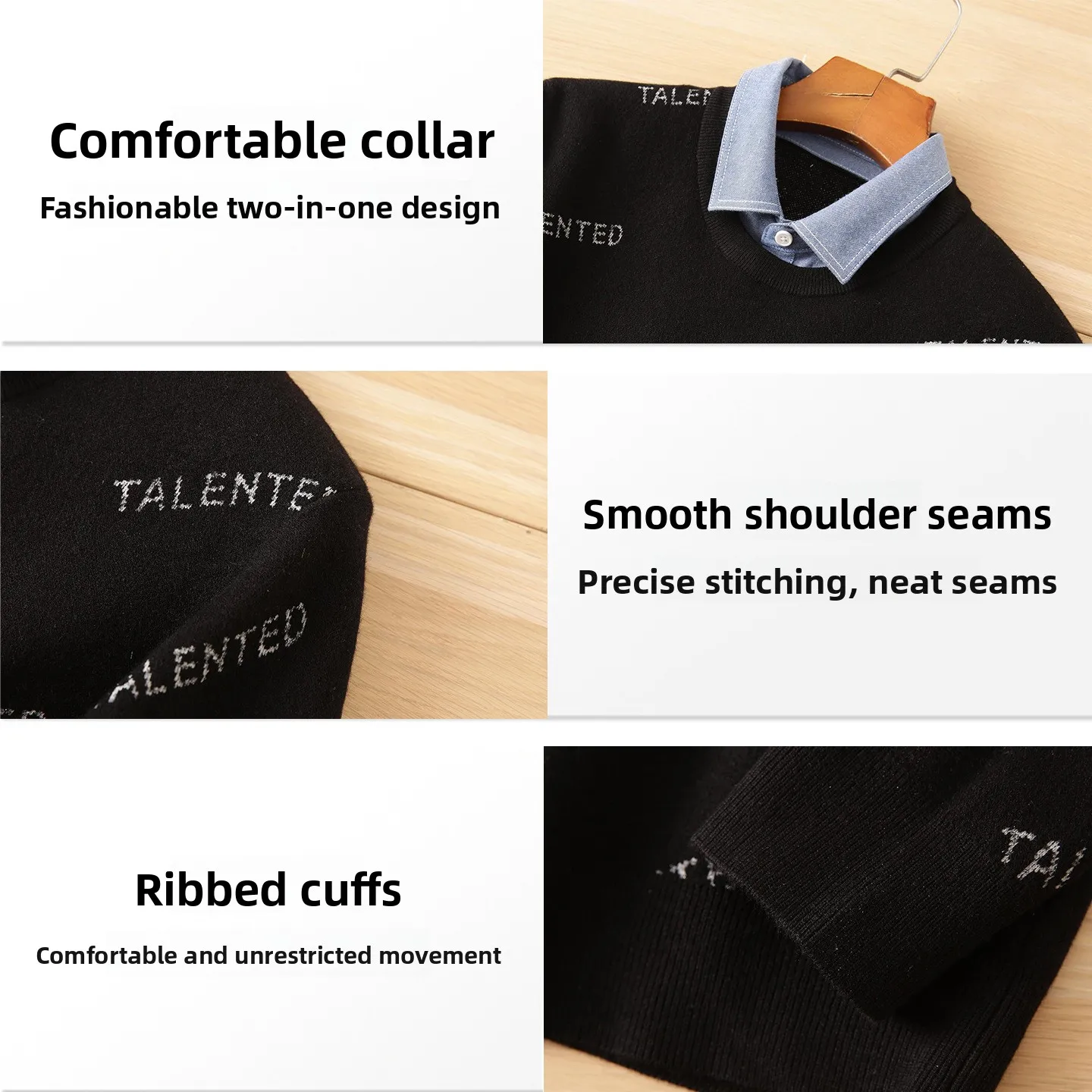 

Men's Knitted Sweater Fake Two-Piece Embroidered Slim Fit Overhead Warmth Autumn Winter Color Casual Long Sve irt