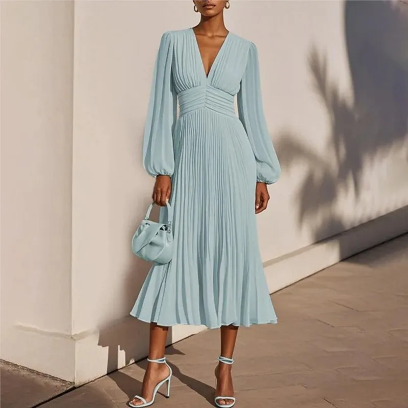 Autumn Simple Style Solid Color Dress For Women Fashion V-neck High Waisted Pleated Dress Ladies Elegant Party A-line Vestidos