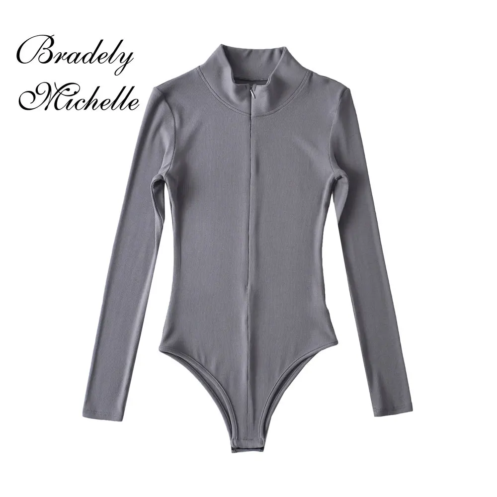 Women's Slim Sexy Standing Collar Zipper Long Sleeve Jumpsuit Solid Pullover Fit Knit Top Bodysuit