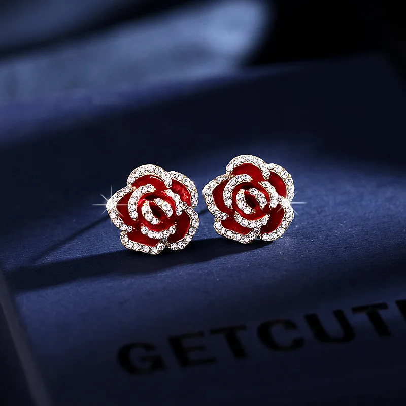 

Earrings Red Rose Simple Water Diamond High Grade Retro Earrings S925 Silver Needle Camellia Flower Earrings Female