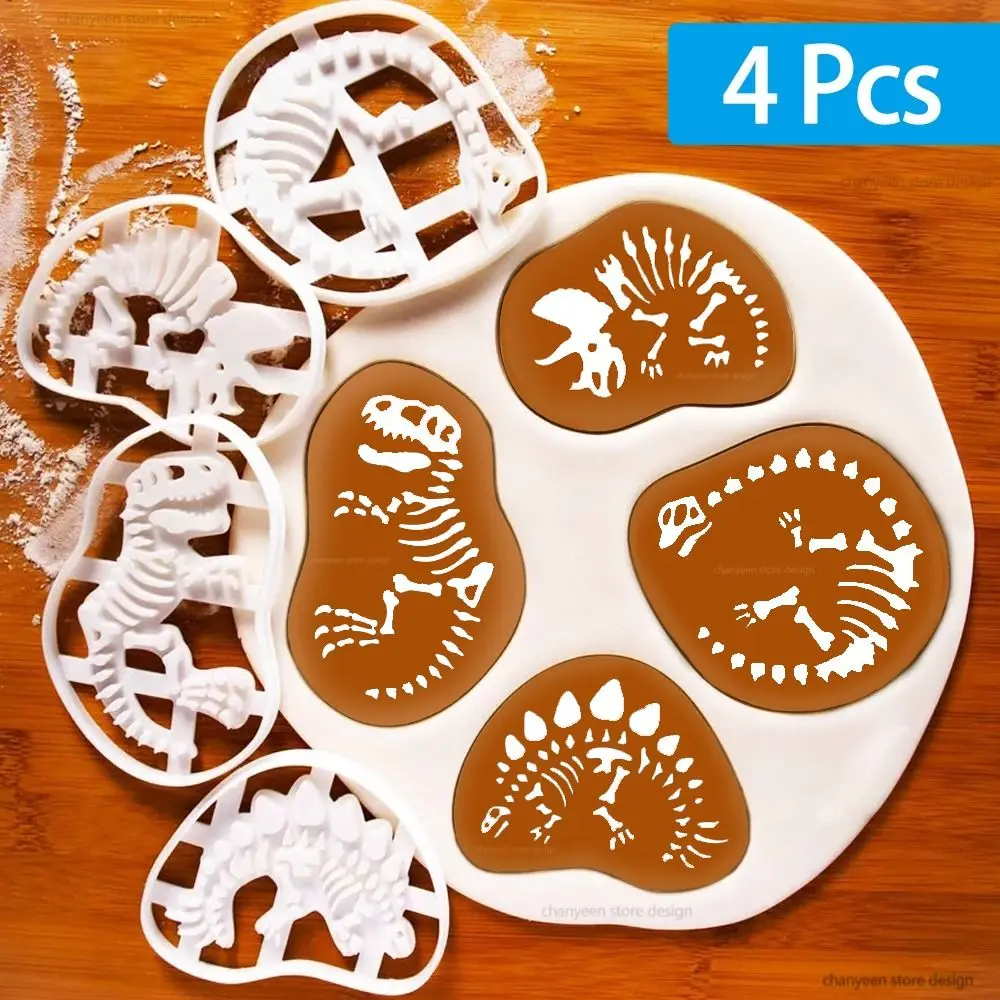 4Pcs New Dinosaur Fossil Dinosaur Cookie Cutters Mold Embossing Sugarcraft Biscuit Mould Tools Accessories Baking Mold Kitchen