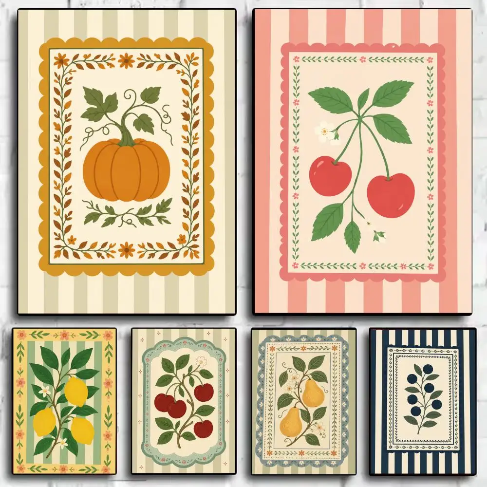 1pc frameless Canvas Painting (No frame)Striped Vintage Botanical Fruits Calligraphy Anti-wrinkle Canvas Poster Wall Mural Art P