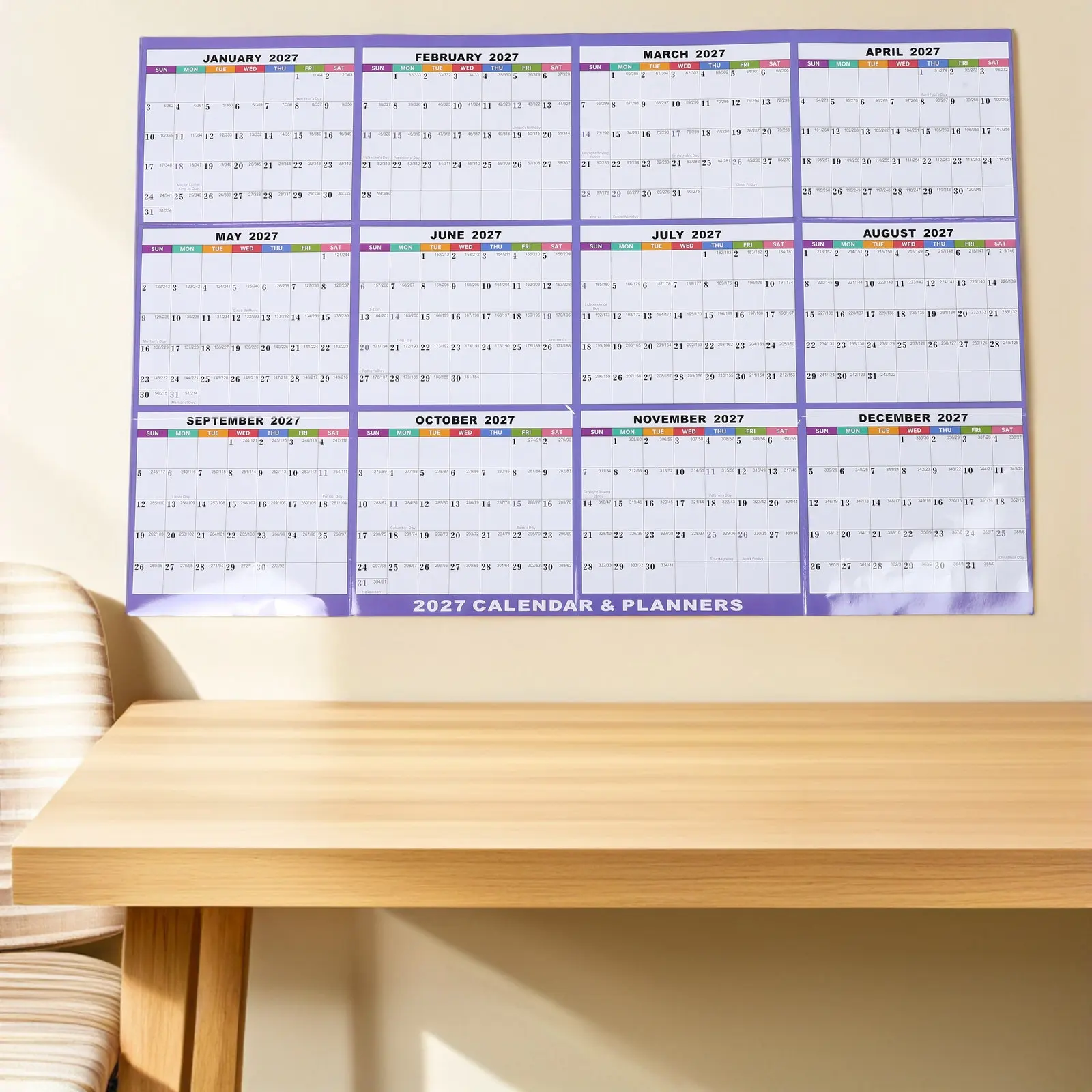 1Set 2027 Dry Erase Wall Calendar Laminated Extra Large 35x23 Double Side Reversible Year Planner Marking Stickers