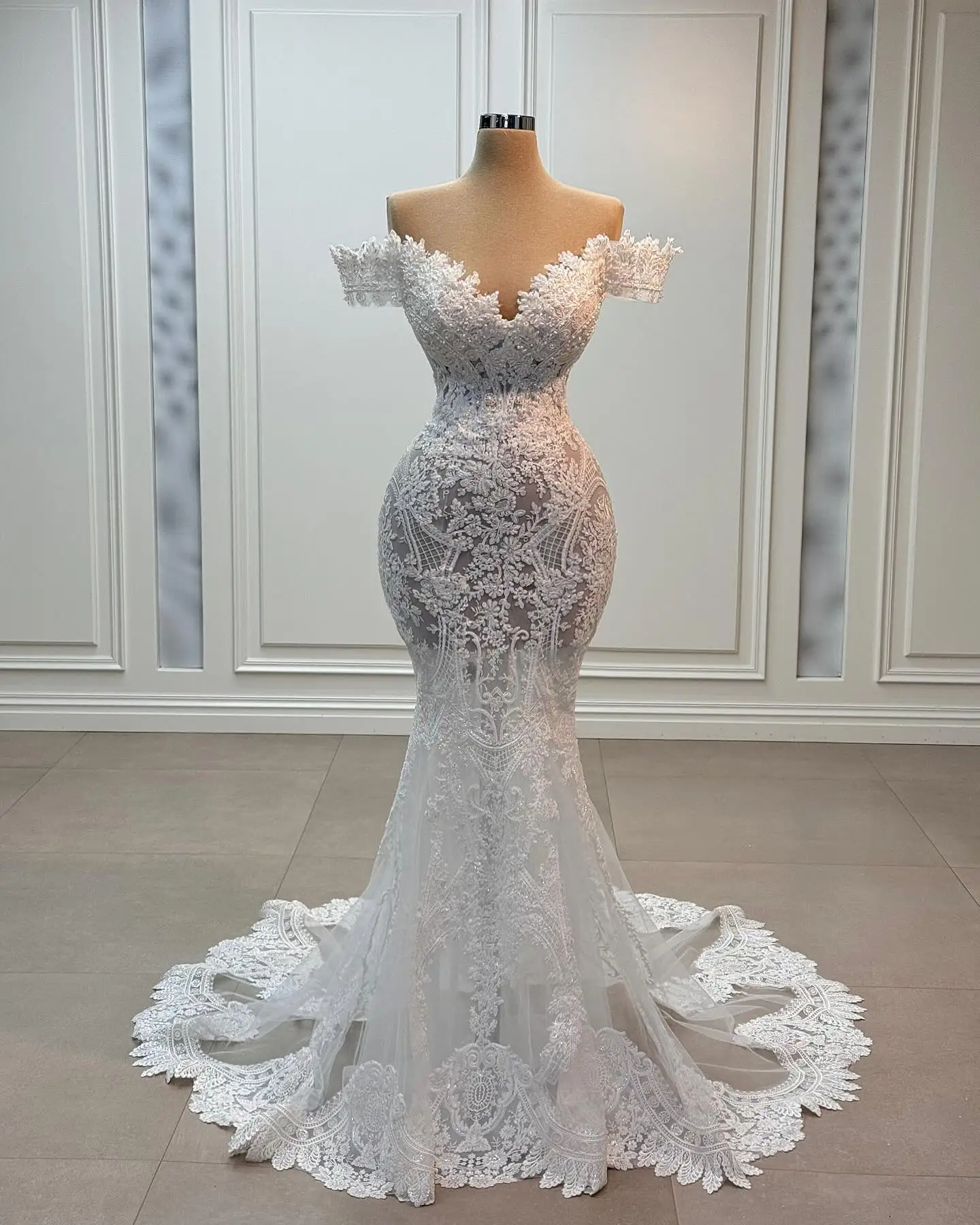 

Mermaid Lace Appliques Wedding Dresses Long for Bride 2025 V Neck Off the Shoulder Beading Pearls Wedding Gowns Customized