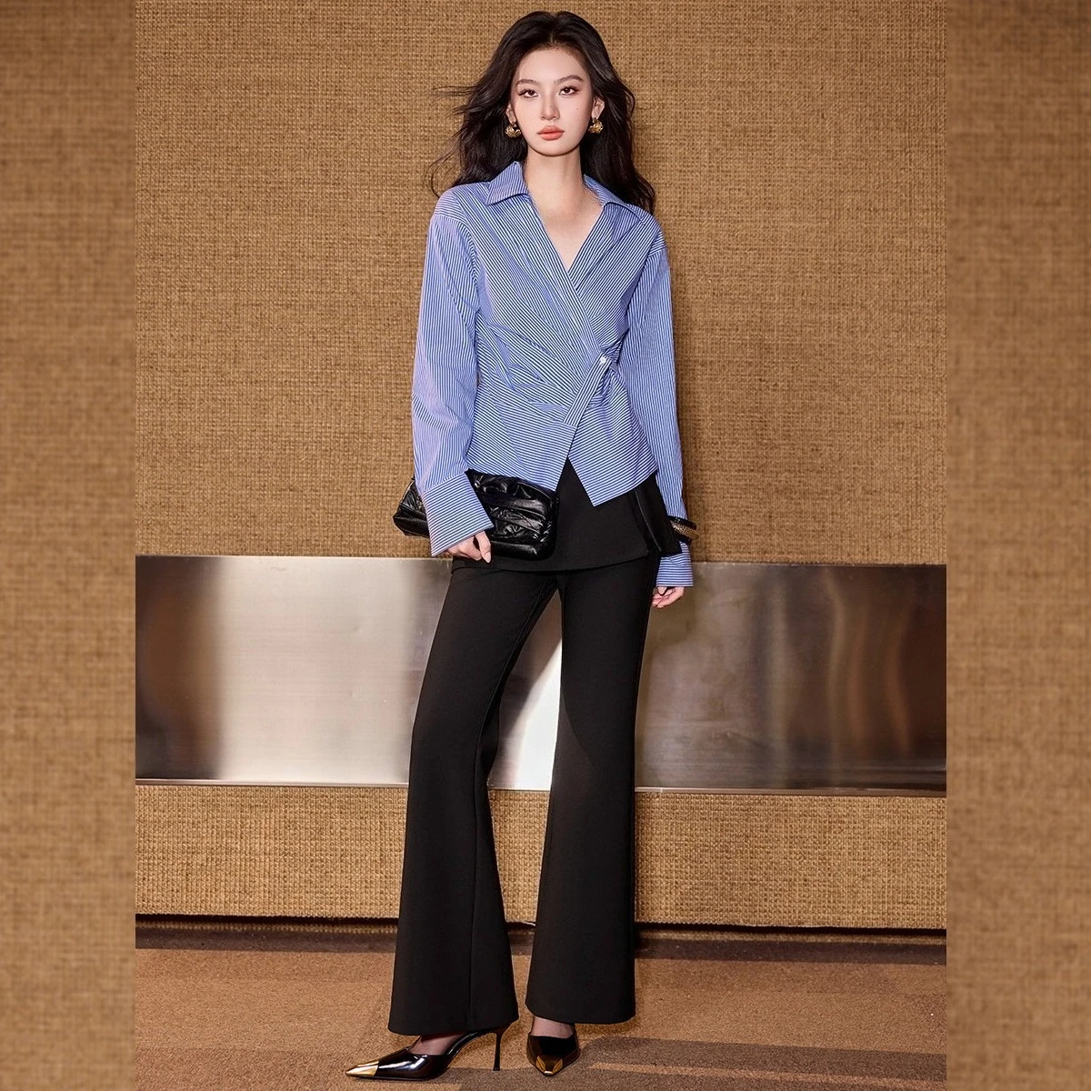 

LOUISYAO Simple Striped Blouse Women 2026 Spring Autumn Slim Irregular Cross Design Elegant Long Sleeve Ladies Shirt