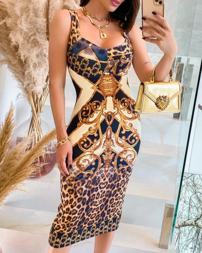 Spring Women Sexy Fashion Sleeveless Scarf Print Colorblock Midi Dress Yellow Leopard Tank Tight Party Dress Club