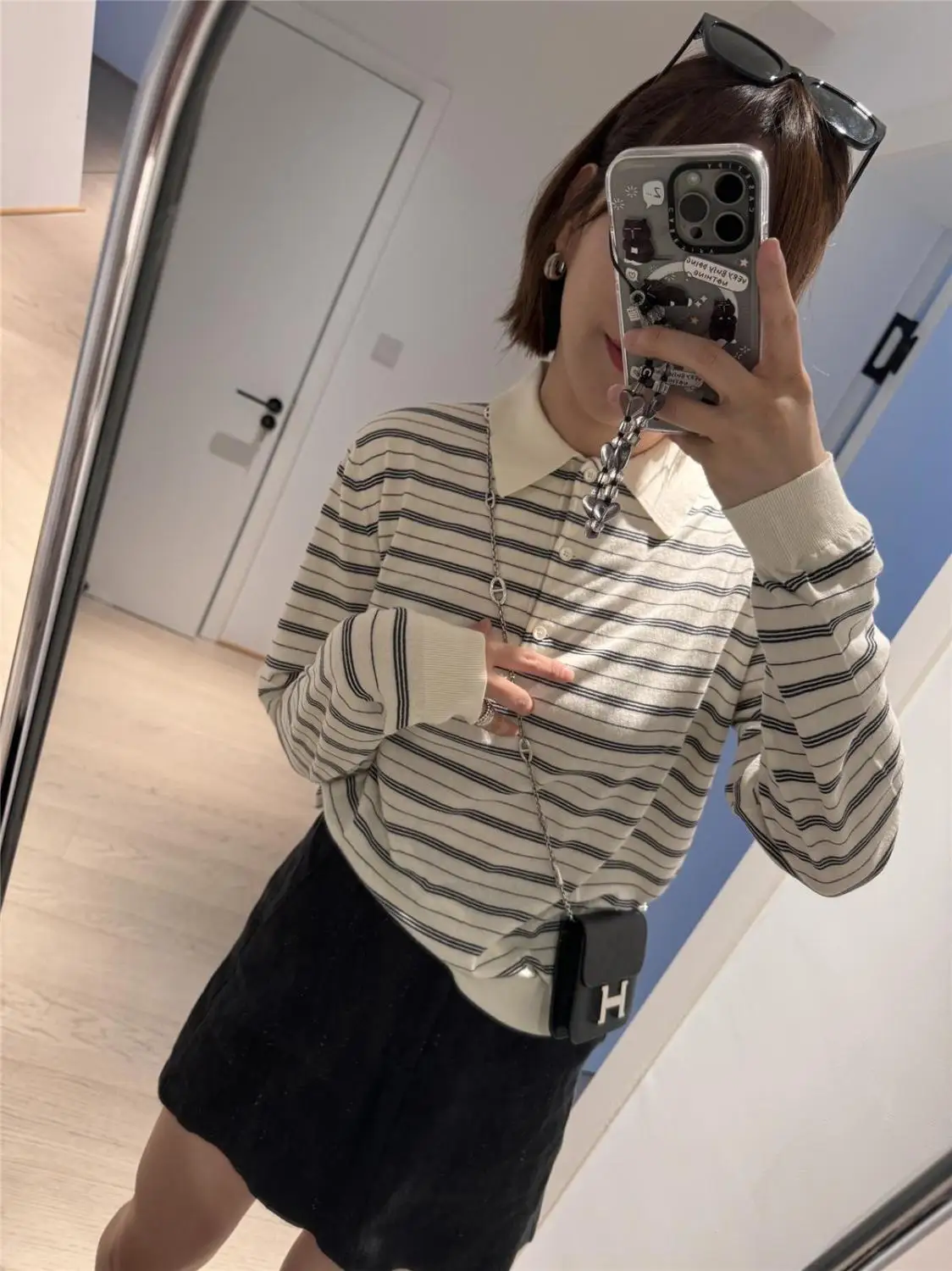 2025 autumn new polo stripes full of logo pattern color matching loose casual age-reducing long-sleeved T-shirt top