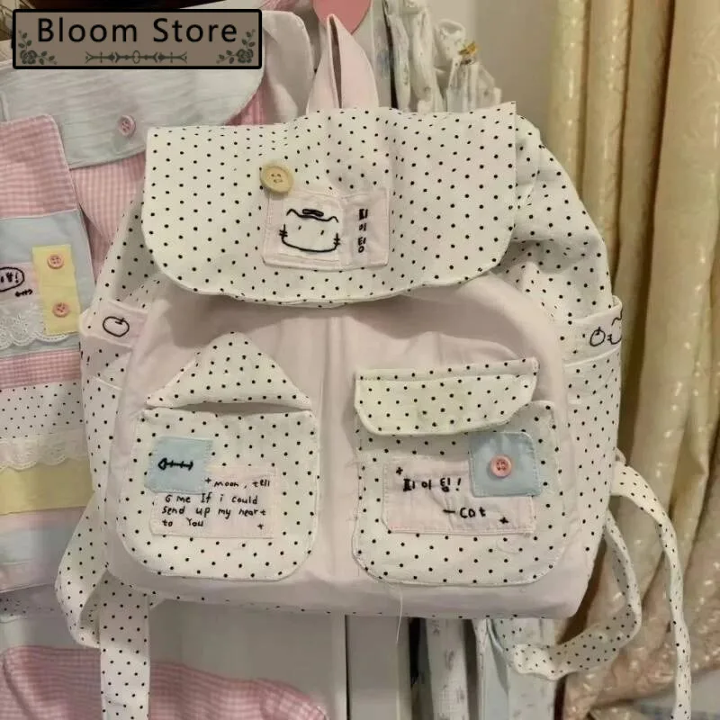 

Japanese Sweet Girl Dot Backpack Patchwork Contrast Color Kawaii Cute Schoolbags Women Y2k Aesthetic Chic Backpacks For Students