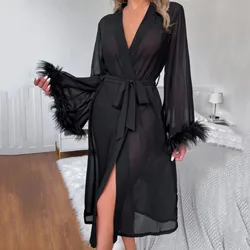 Women Fashion Bathrobe Lacing Up Sexy Lingerie Tulle Underwear Dress Floor Length Maxi Dressing Gown Robes Feather Long Robe