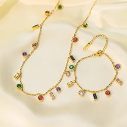 Kolmnsta Colored Zircon Square Crystal Tassel Necklace For Women Girls Gold Plated Choker Titanium Steel Bracelet Jewelry Sets