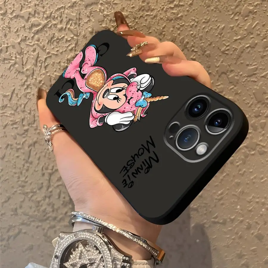 เคสโทรศัพท์ลายมินนี่มิกกี้น่ารักจากดิสนีย์ สำหรับ iPhone 7 8 XR XS Max 17Air 15 16 14 Plus 13 12 11 17 Pro Max สีดำ แบบนิ่ม