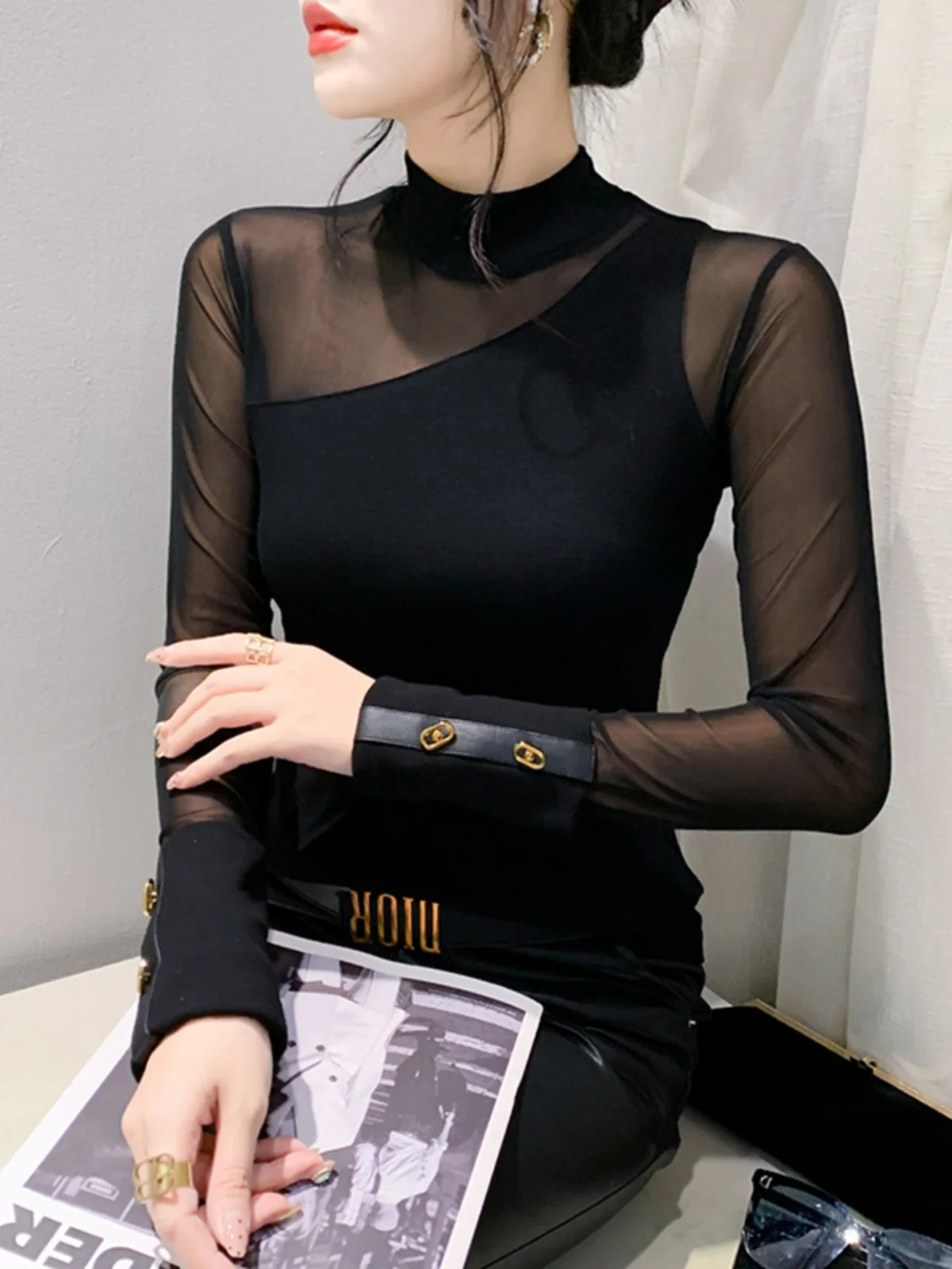 S-4XL Autumn Cotton Spliced Mesh T-shirt Women Half High Collar Long Sleeve Stretch Slim Black Tees Tops BH9859